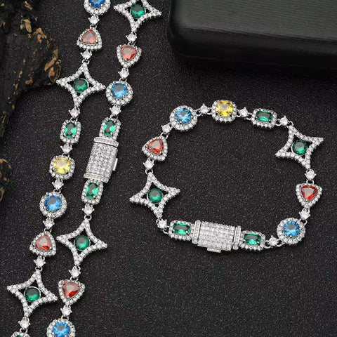 Jewelry set with necklace and bracelet featuring colorful gemstones